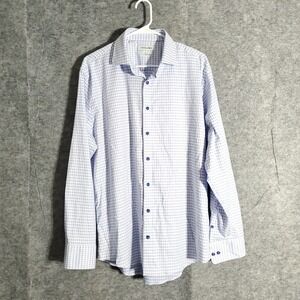 Twillory Dress Shirt Mens 17 34-35 Blue White Gingham Check Non Iron Trim FitPro